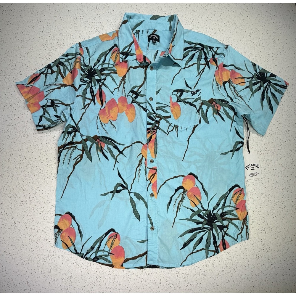 Billabong Men's Blue Orange Floral Button-Up Shirt Short Sleeve Size XL